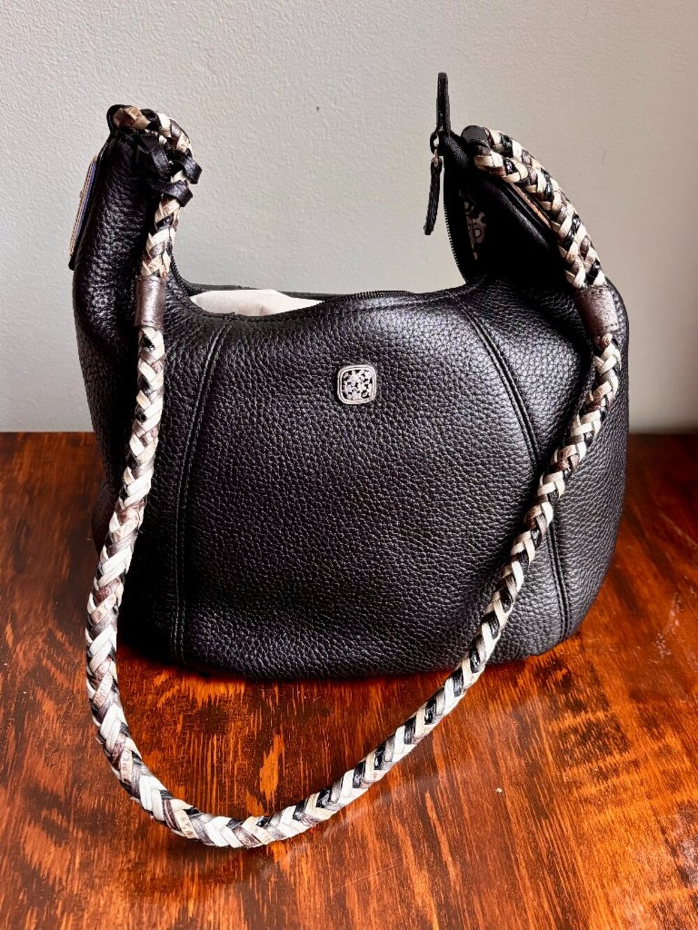 Brighton Black Pebbled Leather Hobo Bag w/ Braided Strap